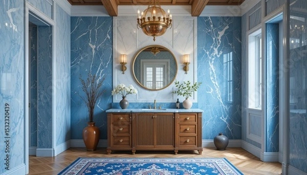 Fototapeta Elegant bathroom with blue marble walls, wooden vanity, and round mirror under a chandelier, showcasing sophistication and style.