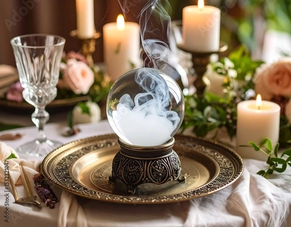 Obraz Crystal ball with smoke on a dinner table
