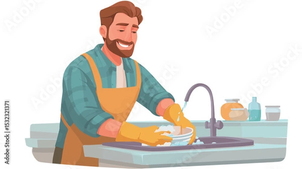 Fototapeta A digital illustration depicts a smiling man with a beard, wearing a yellow apron and yellow gloves, washing dishes in a dark-colored kitchen sink. The style is vector-based cartoon illustration