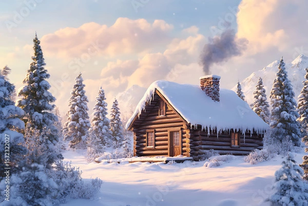 Obraz Cozy log cabin surrounded by snow-covered trees in a serene winter landscape at sunset