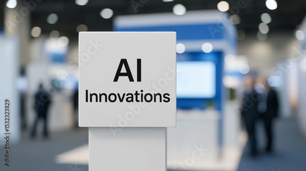 Fototapeta AI technology convention center with exhibition booth displaying artificial intelligence innovations and smart tech solutions