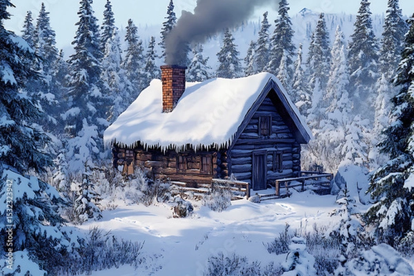 Obraz Cozy log cabin in a snowy forest, smoke rising from chimney, serene winter landscape