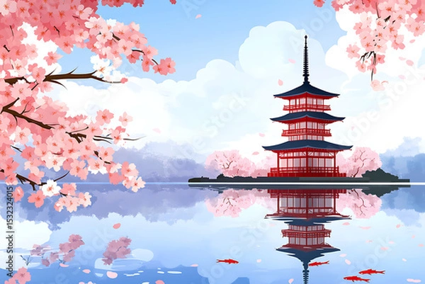 Obraz Serene Japanese Pagoda Surrounded by Cherry Blossoms Reflecting on Calm Water