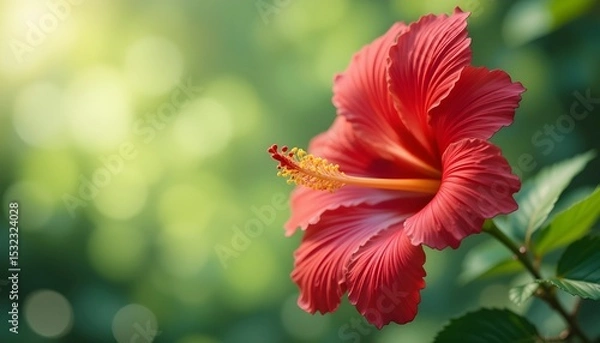 Fototapeta Single Hibiscus Flower in Full Bloom with Vibrant Red Petals and Yellow Center Close-Up Soft Green Bokeh Background Delicate Intricate Details Anime Style HD