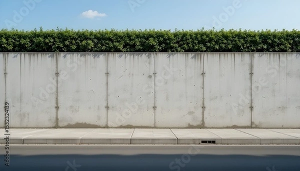 Fototapeta Long Concrete Wall with Hedge on Top Next to Cement Sidewalk and Asphalt Street Background Suitable for Copy Space