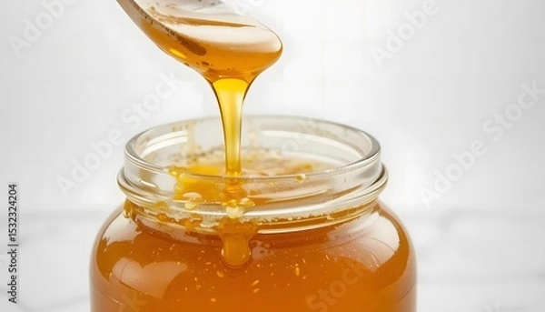 Obraz 
Close-up of a honey jar with metal lid, overflowing golden honey, minimalistic white background, perfect lighting