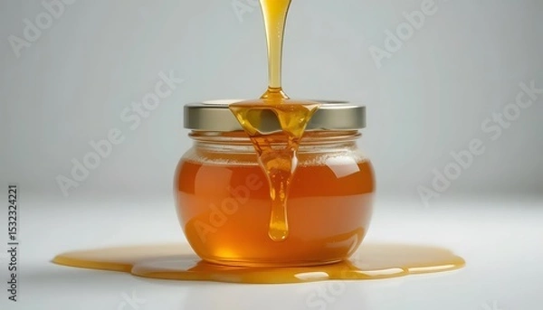 Obraz 
Close-up of a honey jar with metal lid, overflowing golden honey, minimalistic white background, perfect lighting