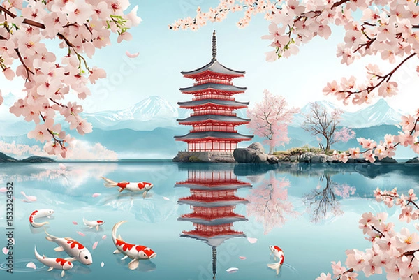 Obraz Serene Japanese Pagoda Surrounded by Cherry Blossoms Reflecting in a Tranquil Lake
