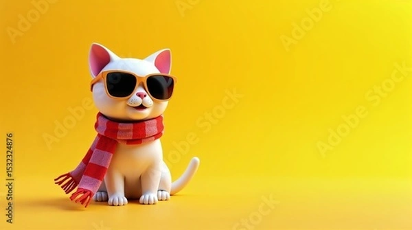 Fototapeta Cute white kitten wearing sunglasses and red scarf. Adorable kitten illustration perfect for children's book, greeting card, or website design.