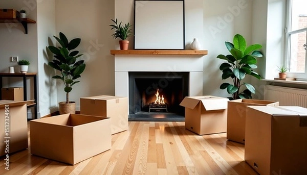 Fototapeta Cozy new home with fireplace and cardboard boxes. Moving day preparation includes unpacking boxes near fireplace. Warm new home concept for real estate agents and home staging.