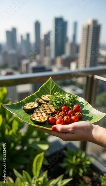 Fototapeta Grilled vegetables on leaf plate, no-dish concept for healthy summer meal. No-dish presentation includes grilled eggplant, cherry tomatoes, and fresh herbs.