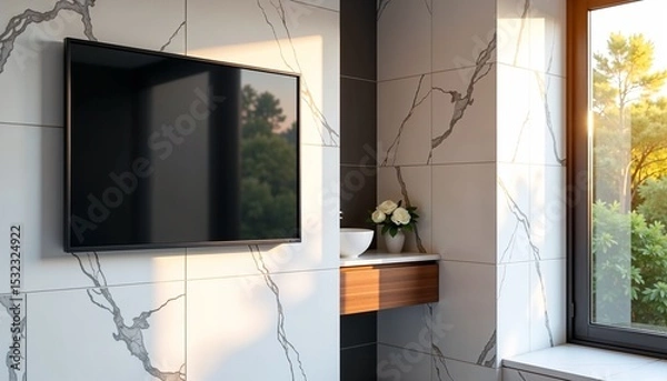 Fototapeta Modern TV mockup on marble wall in bright room. TV mockup is mounted on wall near window with view. Stylish TV mockup for interior design projects or presentations.