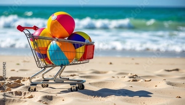 Fototapeta Summer beach fun with colorful beach balls in shopping cart. Bright beach balls in mini shopping cart on sandy beach near ocean waves.