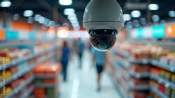 Fototapeta Security camera in supermarket. Dome security camera monitors customers in grocery store aisle. Surveillance system provides safety and loss prevention.