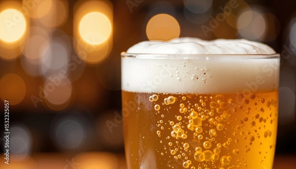 Fototapeta Light beer in glass on bar top. Refreshing light beer with thick head perfect for summer. Cold light beer in transparent glass ideal for bar menus and advertising.
