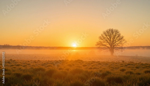 Fototapeta Sunrise over misty field with single tree. Golden hour sunrise scene showcasing serene landscape and lone tree silhouette. Tranquil sunrise image perfect for meditation, yoga, or wellness websites.