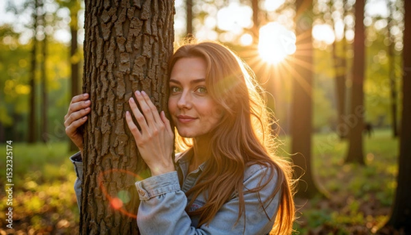 Fototapeta Young woman embracing tree trunk in sunlight. Girl with long red hair smiles gently, enjoying nature at sunset.  Peaceful forest scene ideal for wellness blog or eco-friendly campaign.