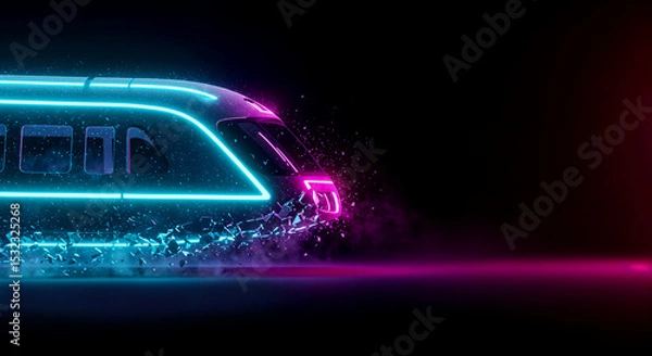 Fototapeta Futuristic high-speed train with neon lights speeding through night. Sleek train design with glowing blue and pink accents. Futuristic transportation concept for websites and presentations.