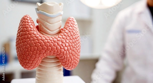 Fototapeta Thyroid gland anatomical model. Detailed thyroid gland model on table.  Medical model for education and patient consultation.