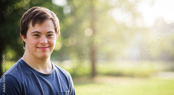Fototapeta Portrait of young man with down syndrome smiling outdoors. Happy young man with down syndrome poses for photo in park.