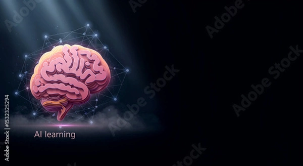Fototapeta AI learning concept image showing human brain model.  Artificial intelligence learning process visualized with 3d brain model and network connections.  AI learning graphic design for presentations,