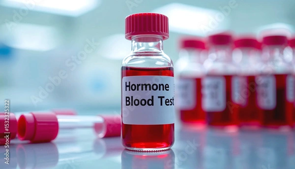 Fototapeta Hormone blood test sample in glass vial. Medical lab blood test for hormone levels in small bottle.  Accurate hormone blood test results for diagnostics.