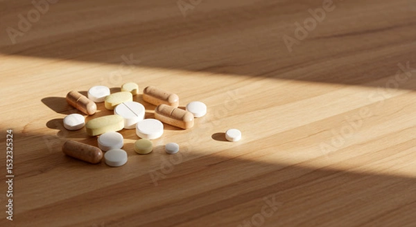 Fototapeta Assorted pills and capsules scattered on wooden surface.  Medicine concept for health, pharmacy, or medical blogs. Pharmaceutical image showcasing various tablets and capsules.