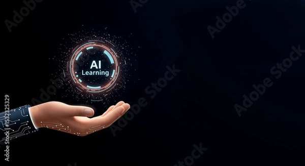 Fototapeta AI learning concept shown as glowing sphere in hand.  Innovative AI learning technology presented as futuristic sphere with digital particles.