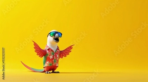 Fototapeta Tropical parrot wearing hawaiian shirt and sunglasses on yellow background. Parrot enjoys summer vacation. This fun parrot image is perfect for summer holiday designs, travel brochures,