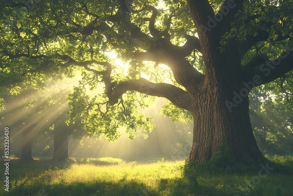 Obraz Majestic oak tree bathed in sunlight with rays piercing through the forest, serene atmosphere