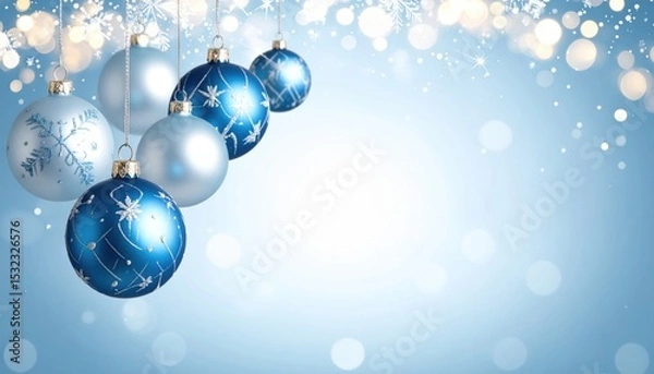 Fototapeta Decorative blue and silver christmas ornaments festive holiday theme digital background soft focus cheerful atmosphere