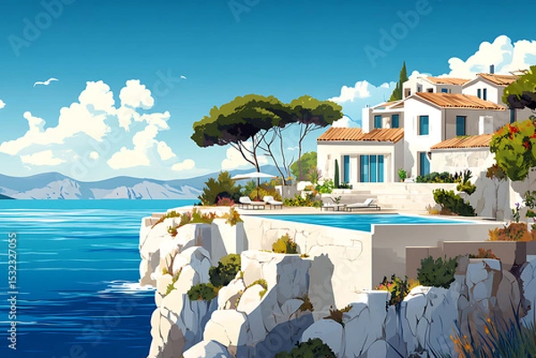 Obraz Serene coastal villa perched on cliffs, overlooking a tranquil sea with vibrant landscape