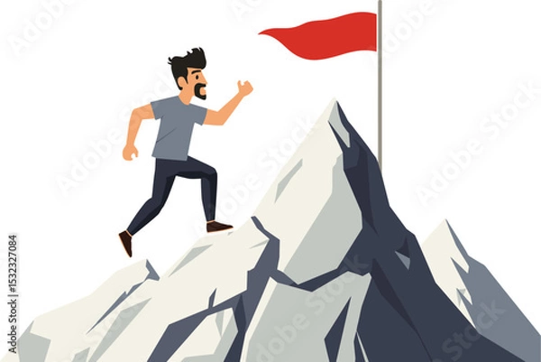 Fototapeta Vector illustration of man climbing mountain toward red flag, symbol of personal goal, achievement and motivation