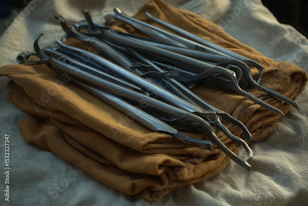 Fototapeta Minimalist garden tools arranged neatly soft fabric surface, showcasing their sleek design and functionality. warm tones of fabric complement metallic sheen of tools, creating harmonious aesthetic