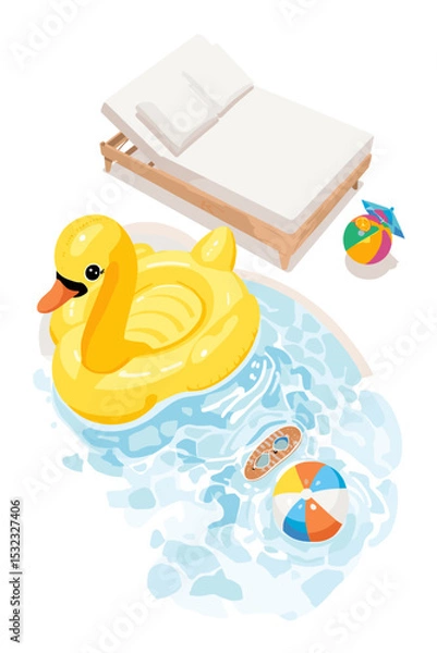 Fototapeta Top view of summer pool scene with yellow duck float, double lounge bed, beach balls and water ripple effect