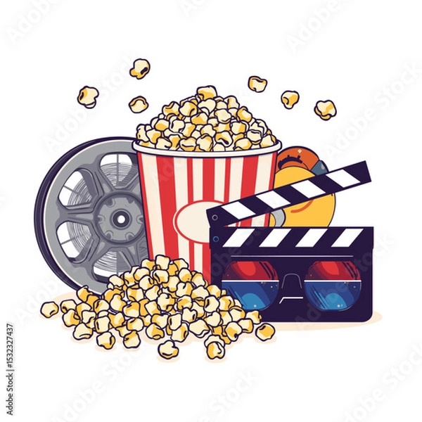 Fototapeta Illustration of cinema set with popcorn, clapperboard and 3D glasses on white background, film and movie night concept