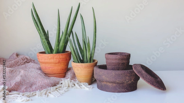 Fototapeta Aesthetic indoor plants in terracotta pots, showcasing vibrant green leaves and earthy tones. arrangement includes various sizes of pots, creating cozy and inviting atmosphere