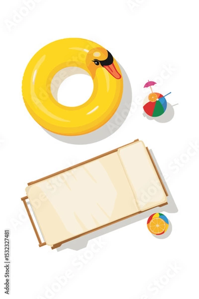 Fototapeta Top view of summer pool scene with yellow duck float, lounge chair, ball and tropical drink, minimal vacation concept
