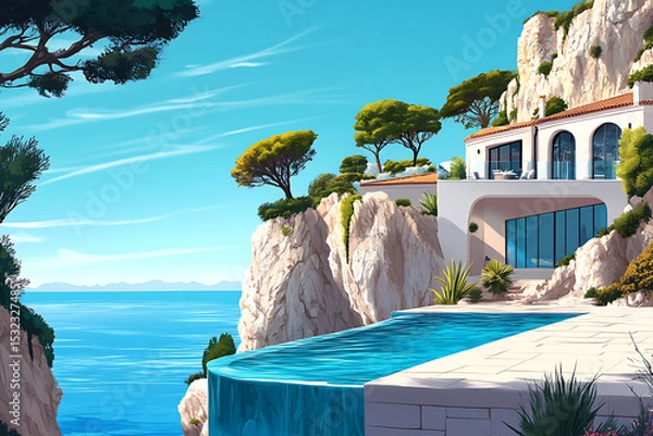 Obraz Stunning coastal villa with infinity pool overlooking the serene ocean and distant mountains
