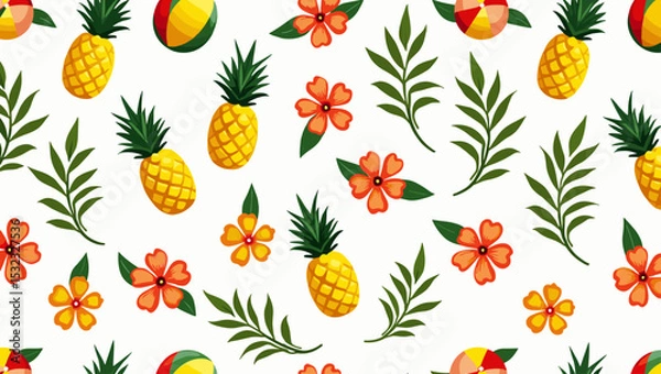 Fototapeta Colorful summer seamless pattern with pineapples, beach balls, leaves and flowers on white background, tropical theme