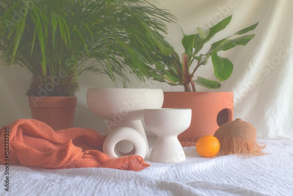 Fototapeta Minimalist decor featuring ceramic planters, textured blanket, and fresh orange, creating serene and inviting atmosphere in garden setting