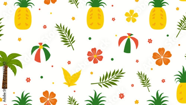 Fototapeta Seamless summer pattern with pineapples, palm trees, leaves and tropical flowers, colorful and playful vacation design