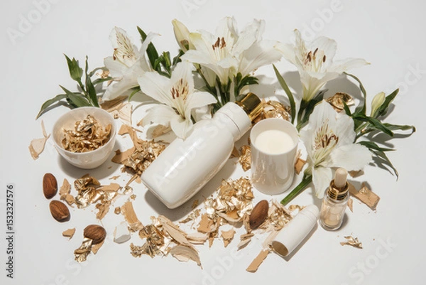 Fototapeta Beautiful arrangement featuring white cosmetic bottle, small cup, and dropper bottle surrounded by white flowers, gold flakes, and almonds, creating elegant and luxurious aesthetic