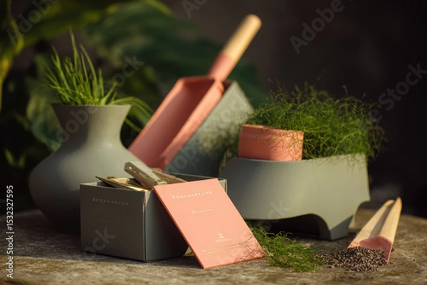 Fototapeta Luxurious gardening set featuring stylish pots, tools, and seeds, perfect for enhancing any garden space. elegant design and soft colors evoke sense of tranquility and sophistication