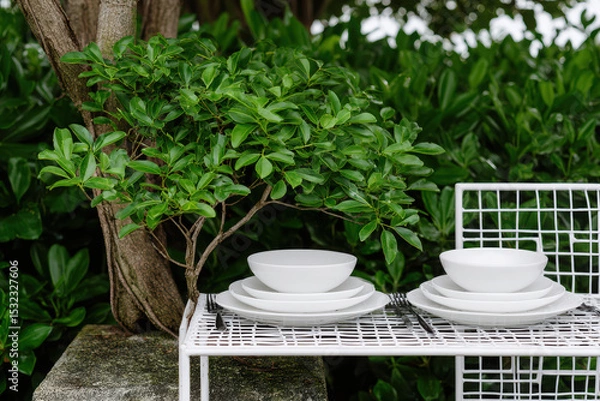 Fototapeta Minimalist table setting with white ceramic dishes arranged on modern wire rack, surrounded by lush green foliage, creating serene outdoor dining atmosphere