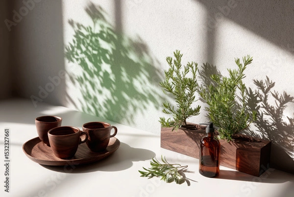 Fototapeta Serene nature scene featuring wooden tray with three ceramic cups, glass bottle, and planter with green foliage casting beautiful shadows on light surface