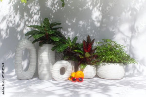 Fototapeta Vibrant display of decorative planters featuring lush green plants, complemented by bright oranges and playful sunglasses, creates cheerful and inviting atmosphere