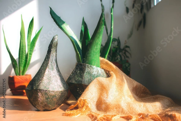 Fototapeta Serene indoor scene featuring decorative planters with green plants, showcasing warm and inviting atmosphere. sunlight enhances textures and colors, creating peaceful ambiance