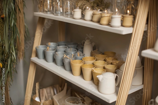 Fototapeta Elegant display of ceramic cups and kitchenware in soft colors, showcasing blend of modern design and natural elements, perfect for organic garden theme