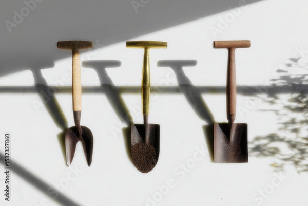Fototapeta Gardening tools arranged in minimalist style, showcasing variety of materials and designs. image captures essence of eco friendly gardening with modern aesthetic